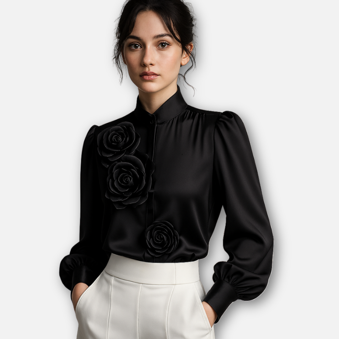 Mivora London | Women’s Modern White Blouse with 3D Rose Detailing