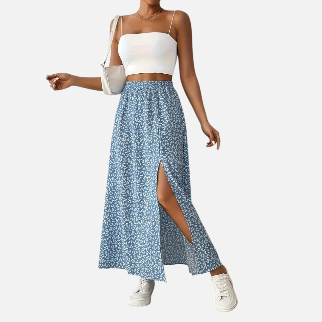 Mivora London | Women’s Floral High-Waist Skirt with Elegant Split Hem