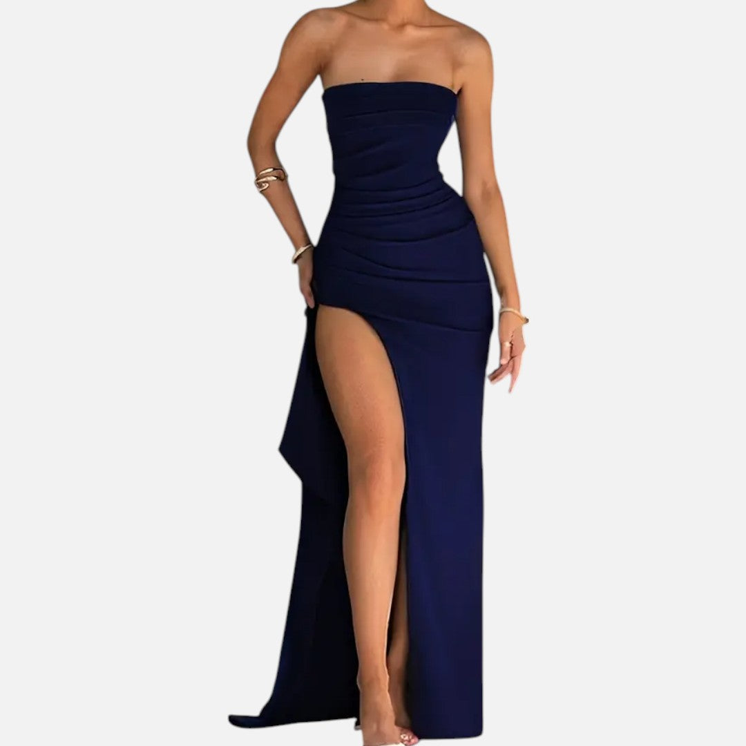 Mivora London | Elegant Strapless Maxi Dress With High Slit