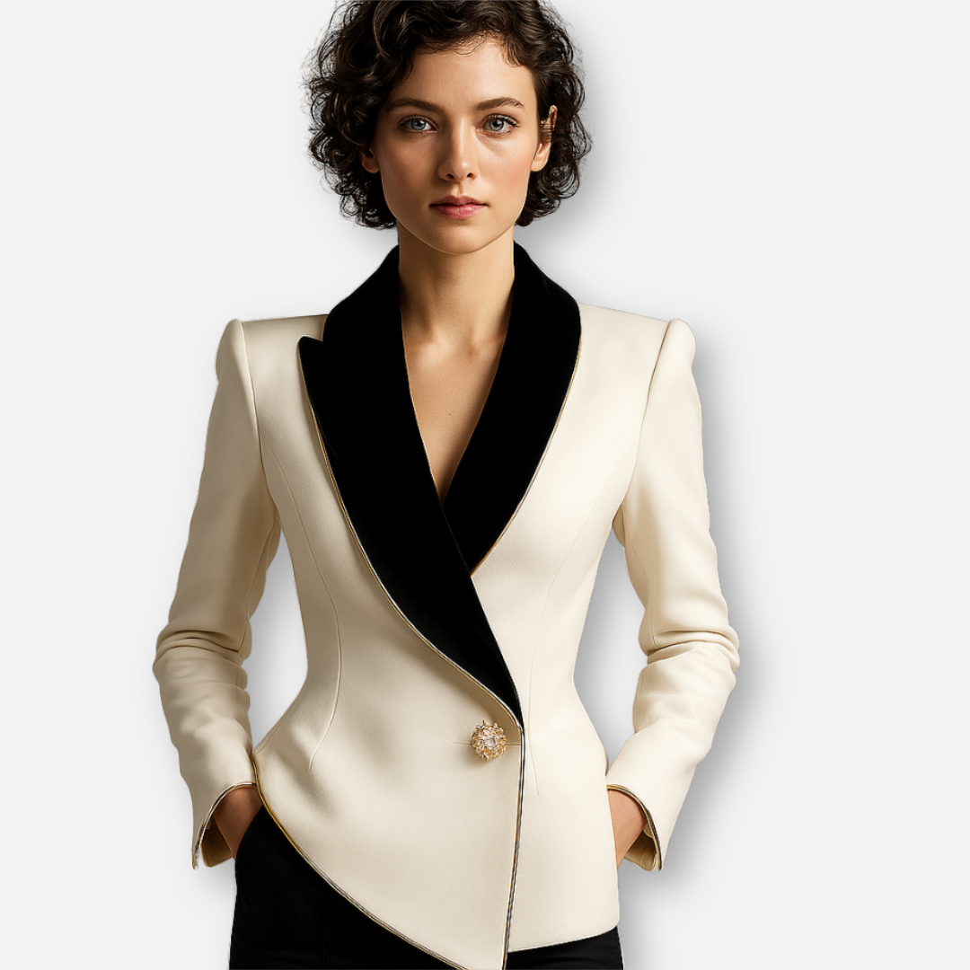 Mivora London | Women’s Asymmetrical White Blazer with Black Contrast Lapels