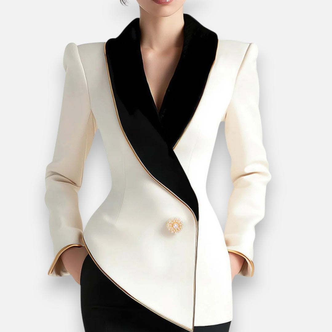 Mivora London | Women’s Asymmetrical White Blazer with Black Contrast Lapels