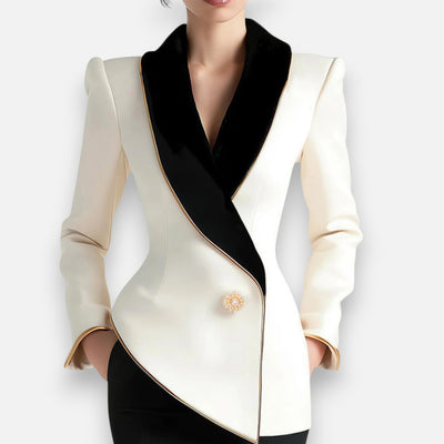 Mivora London | Women’s Asymmetrical White Blazer with Black Contrast Lapels