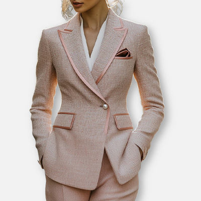 Mivora London | Women’s Soft Pink Tweed 2-piece Suit with Feminine Tailoring & Pearl Accents