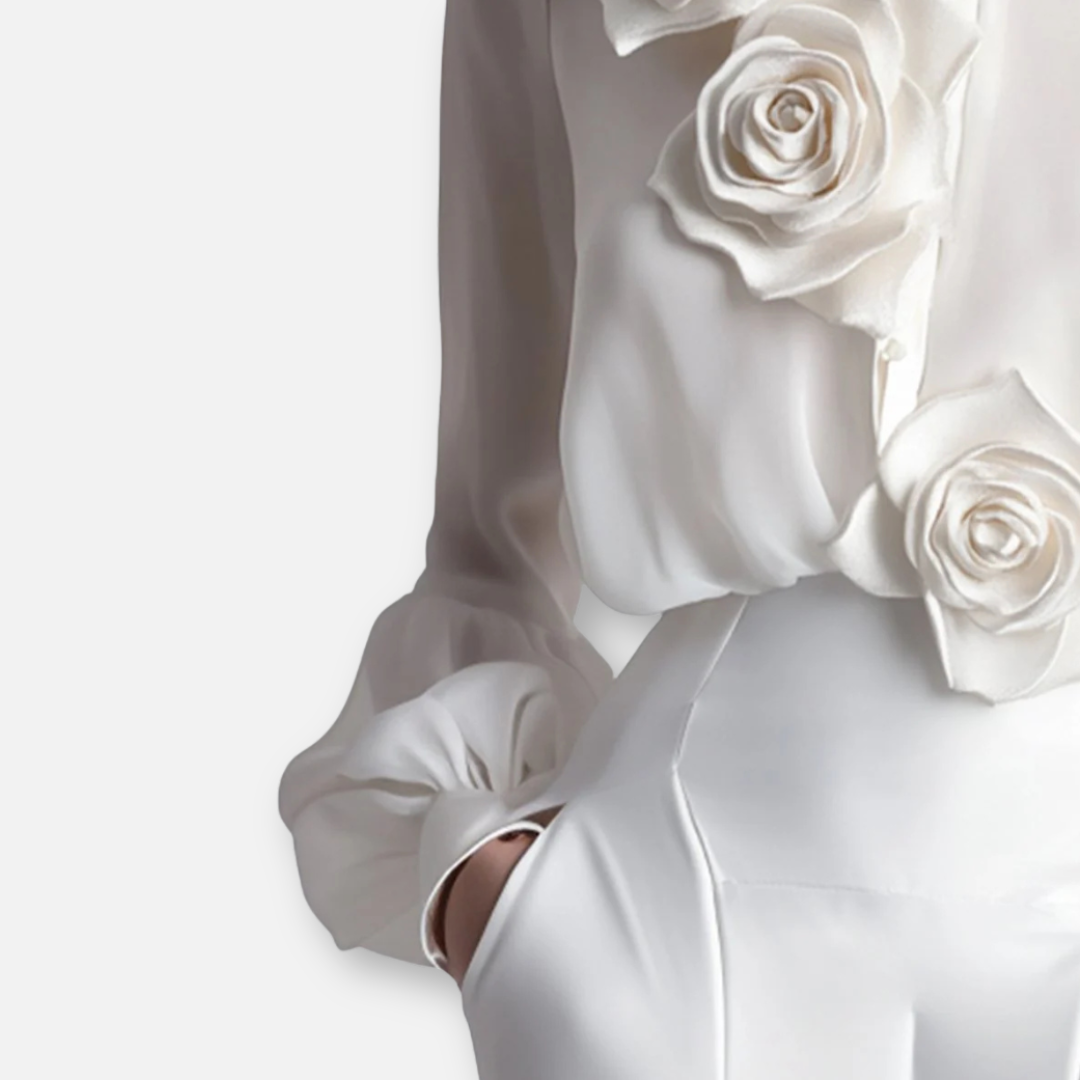 Mivora London | Women’s Modern White Blouse with 3D Rose Detailing