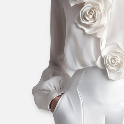 Mivora London | Women’s Modern White Blouse with 3D Rose Detailing
