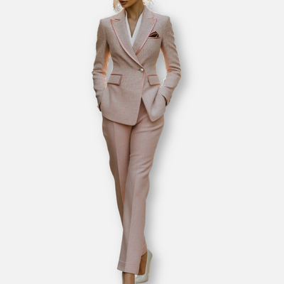 Mivora London | Women’s Soft Pink Tweed 2-piece Suit with Feminine Tailoring & Pearl Accents