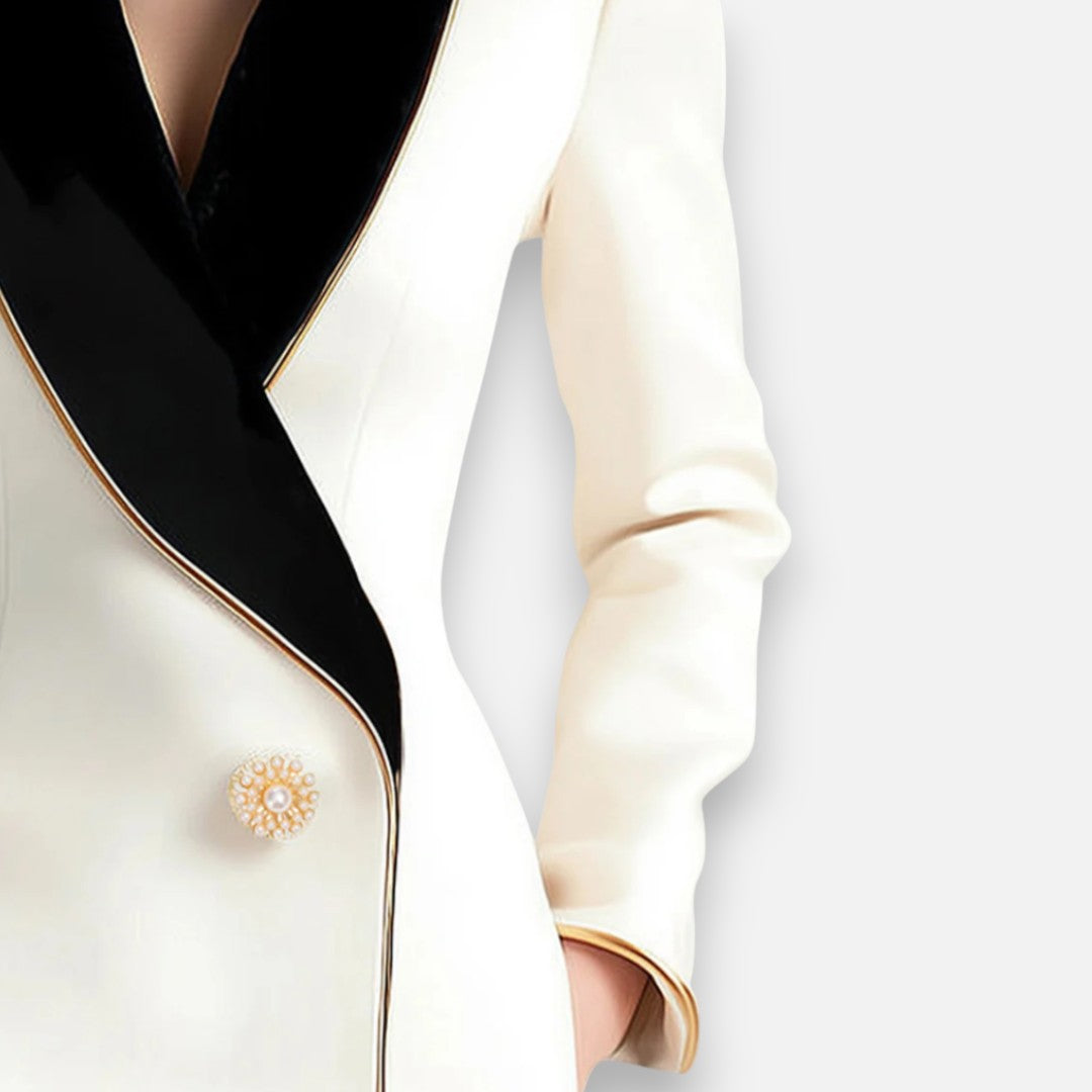 Mivora London | Women’s Asymmetrical White Blazer with Black Contrast Lapels