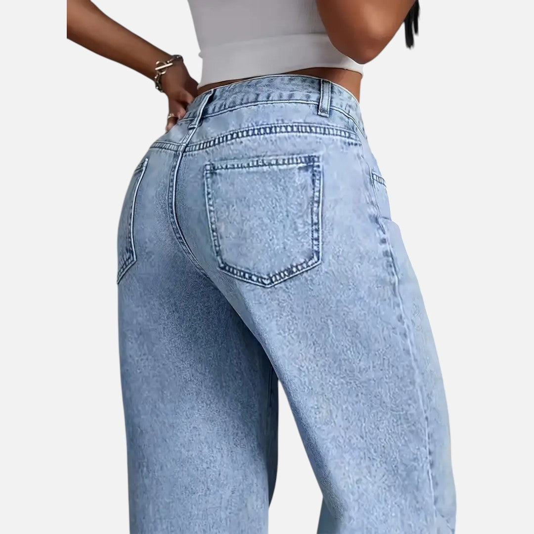 Mivora London | Women’s High-Waist Wide-Leg Jeans – Light Blue Denim with Stretch & Pockets