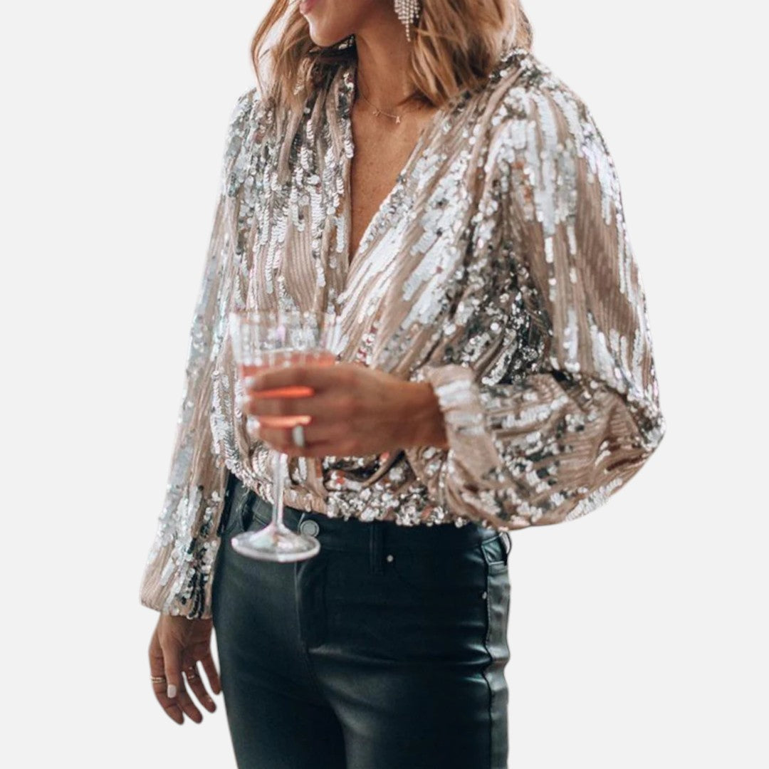 Mivora London | Women’s Slim Fit Sequin Wrap Blouse for Evening & Party