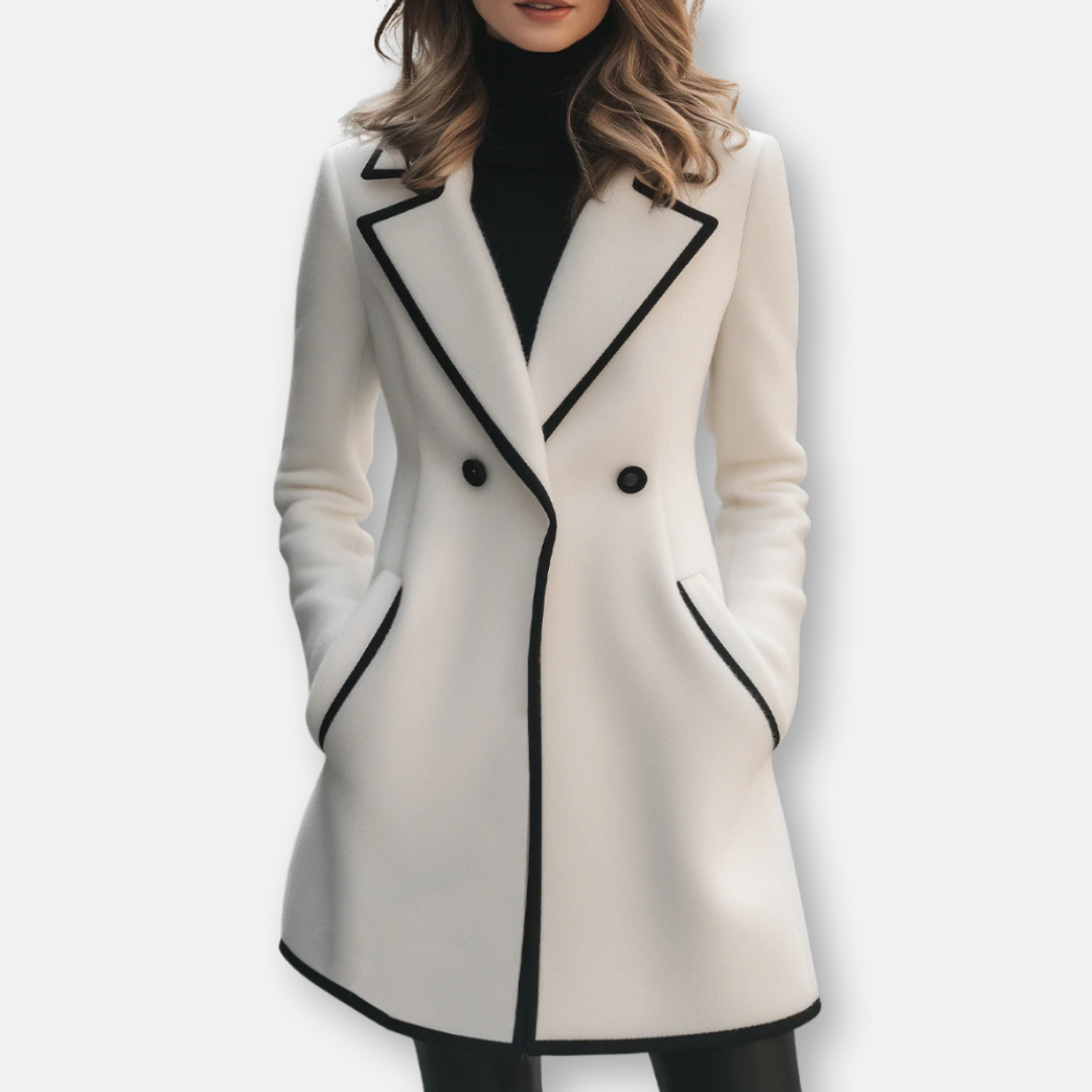 Mivora London | Women’s Oversized Double-Breasted White Coat with Black Trim