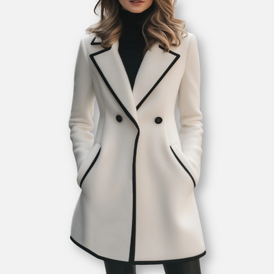 Mivora London | Women’s Oversized Double-Breasted White Coat with Black Trim