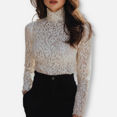 Mivora London | Women’s High-Neck Floral Lace Blouse – Elegant Fit