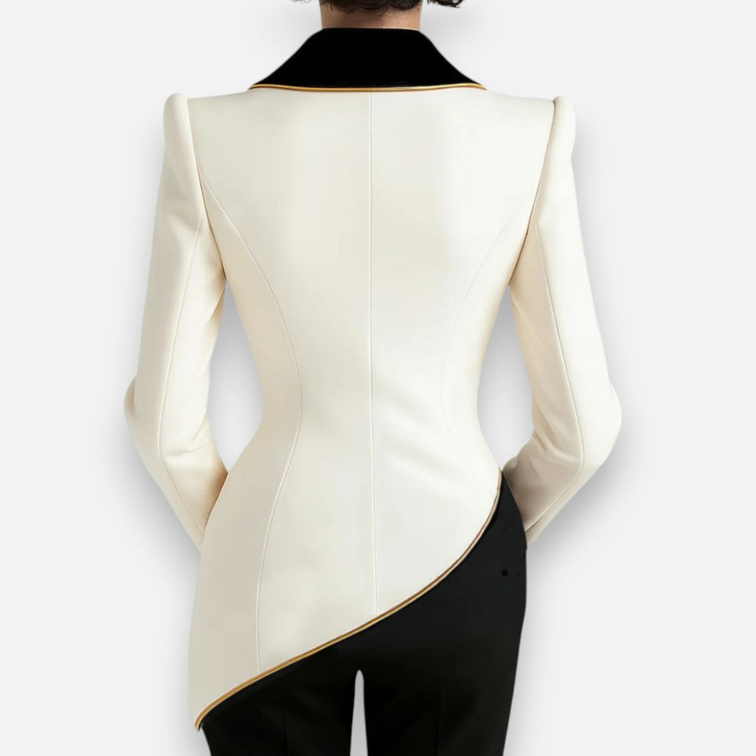 Mivora London | Women’s Asymmetrical White Blazer with Black Contrast Lapels