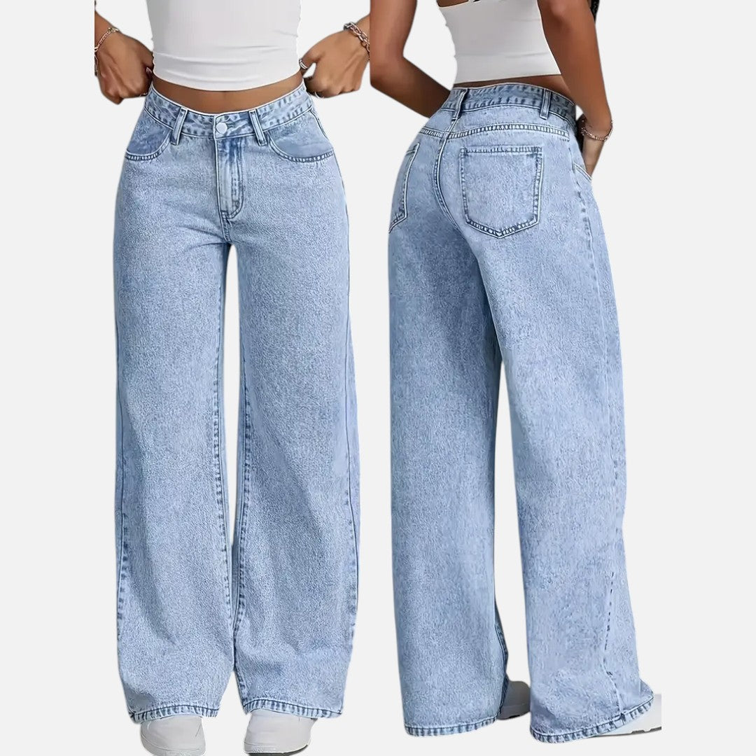 Mivora London | Women’s High-Waist Wide-Leg Jeans – Light Blue Denim with Stretch & Pockets