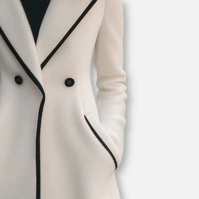 Mivora London | Women’s Oversized Double-Breasted White Coat with Black Trim