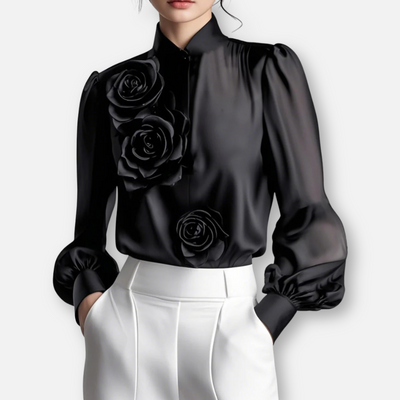 Mivora London | Women’s Modern White Blouse with 3D Rose Detailing