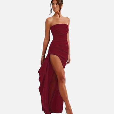 Mivora London | Elegant Strapless Maxi Dress With High Slit