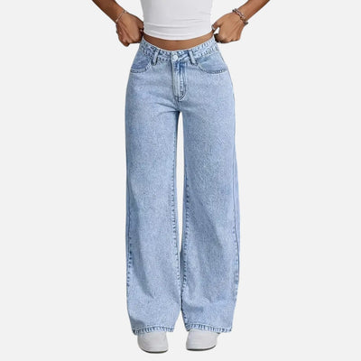 Mivora London | Women’s High-Waist Wide-Leg Jeans – Light Blue Denim with Stretch & Pockets