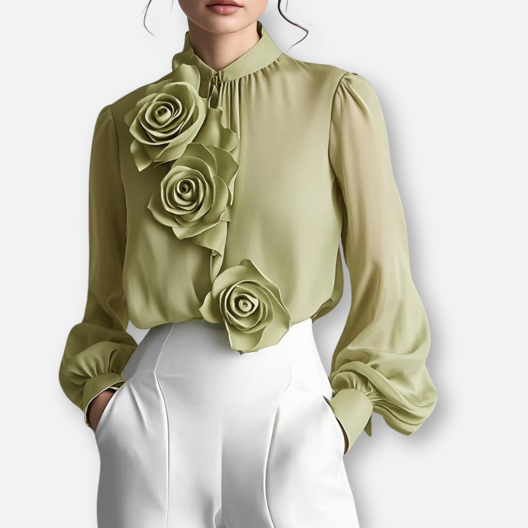 Mivora London | Women’s Modern White Blouse with 3D Rose Detailing