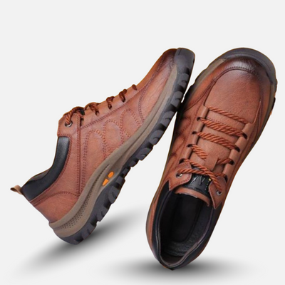 Pair of brown leather shoes on a light gray background