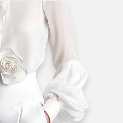 Mivora London | Women’s Modern White Blouse with 3D Rose Detailing