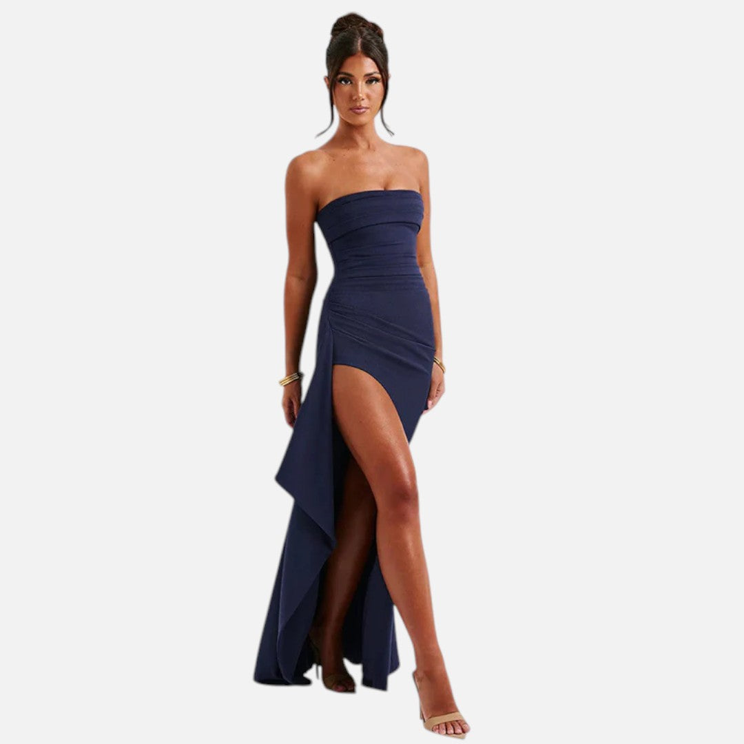 Mivora London | Elegant Strapless Maxi Dress With High Slit