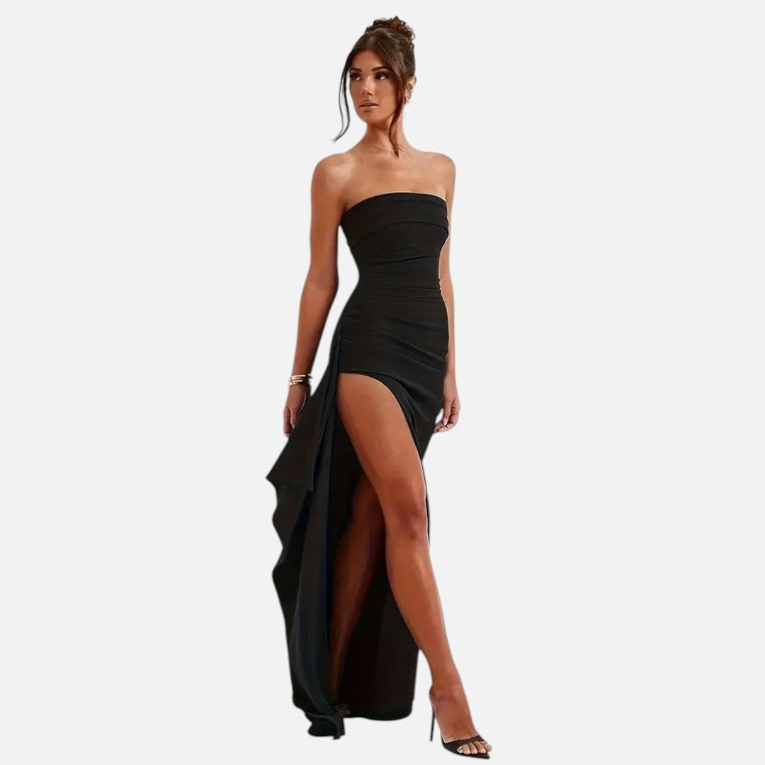 Mivora London | Elegant Strapless Maxi Dress With High Slit