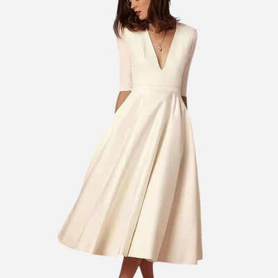 Mivora London | Women's Elegant V-Neck Midi Dress With Flowing Silhouette