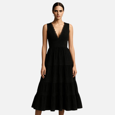 Mivora London | Women's Elegant Handcrafted Lace V-Neck Midi Dress