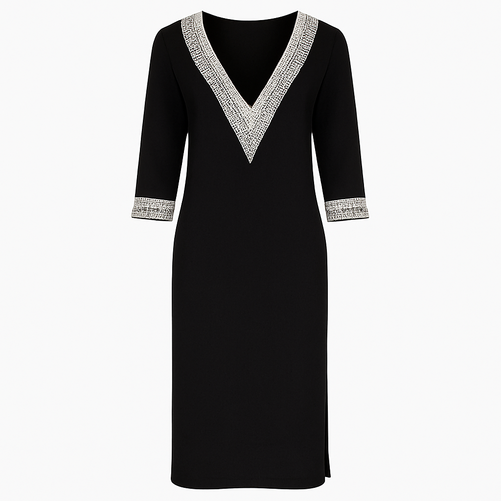 Mivora London | Women’s Casual V‑Neck Lace‑Trim Relaxed‑Fit Midi Dress With 3/4 Sleeves