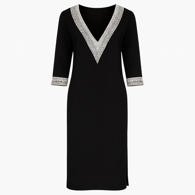 Mivora London | Women’s Casual V‑Neck Lace‑Trim Relaxed‑Fit Midi Dress With 3/4 Sleeves
