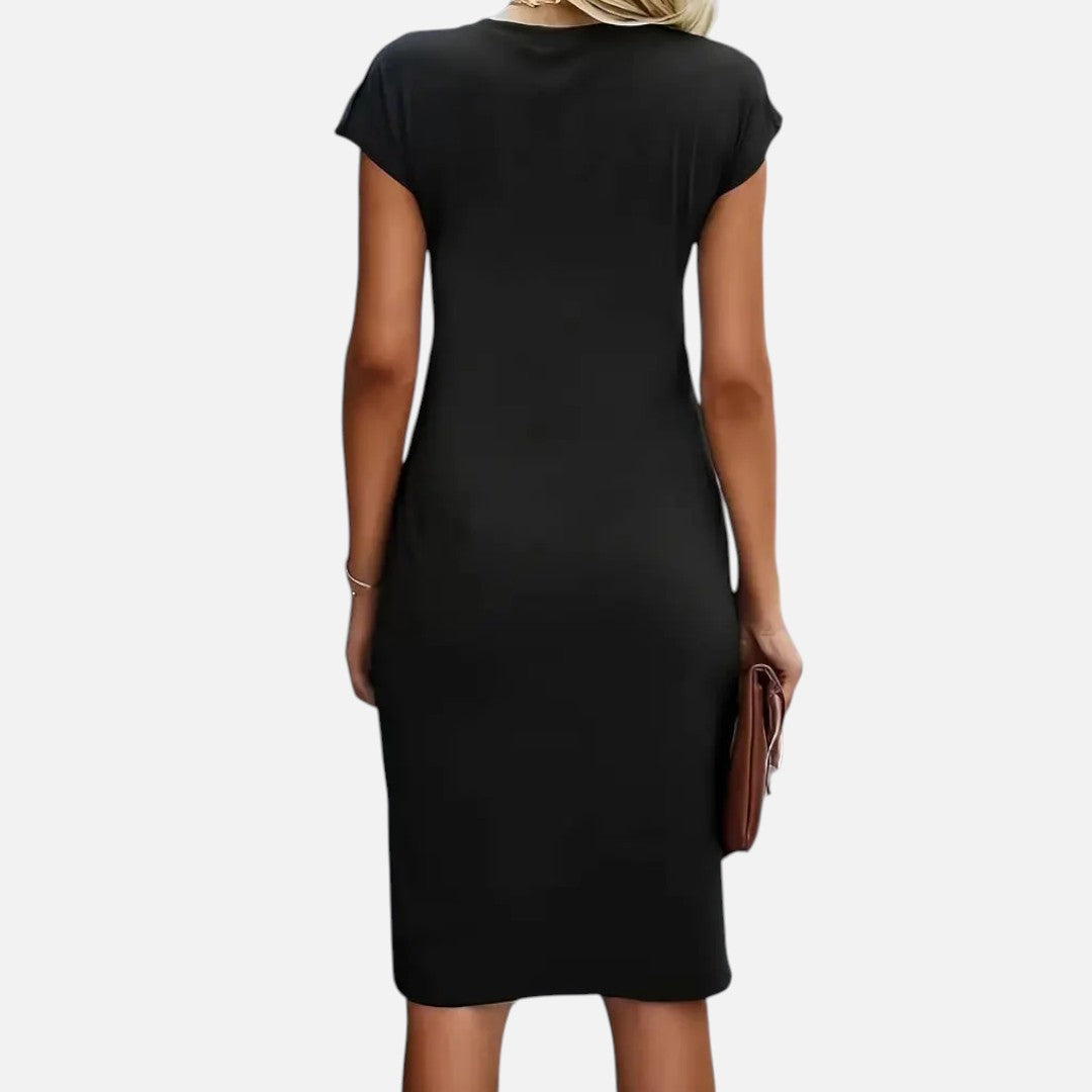 Mivora London | Women's Short-Sleeved Elegant Formal Dress – Slim Fit Midi Design