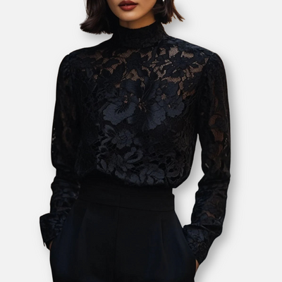 Mivora London | Women’s High-Neck Floral Lace Blouse – Elegant Fit