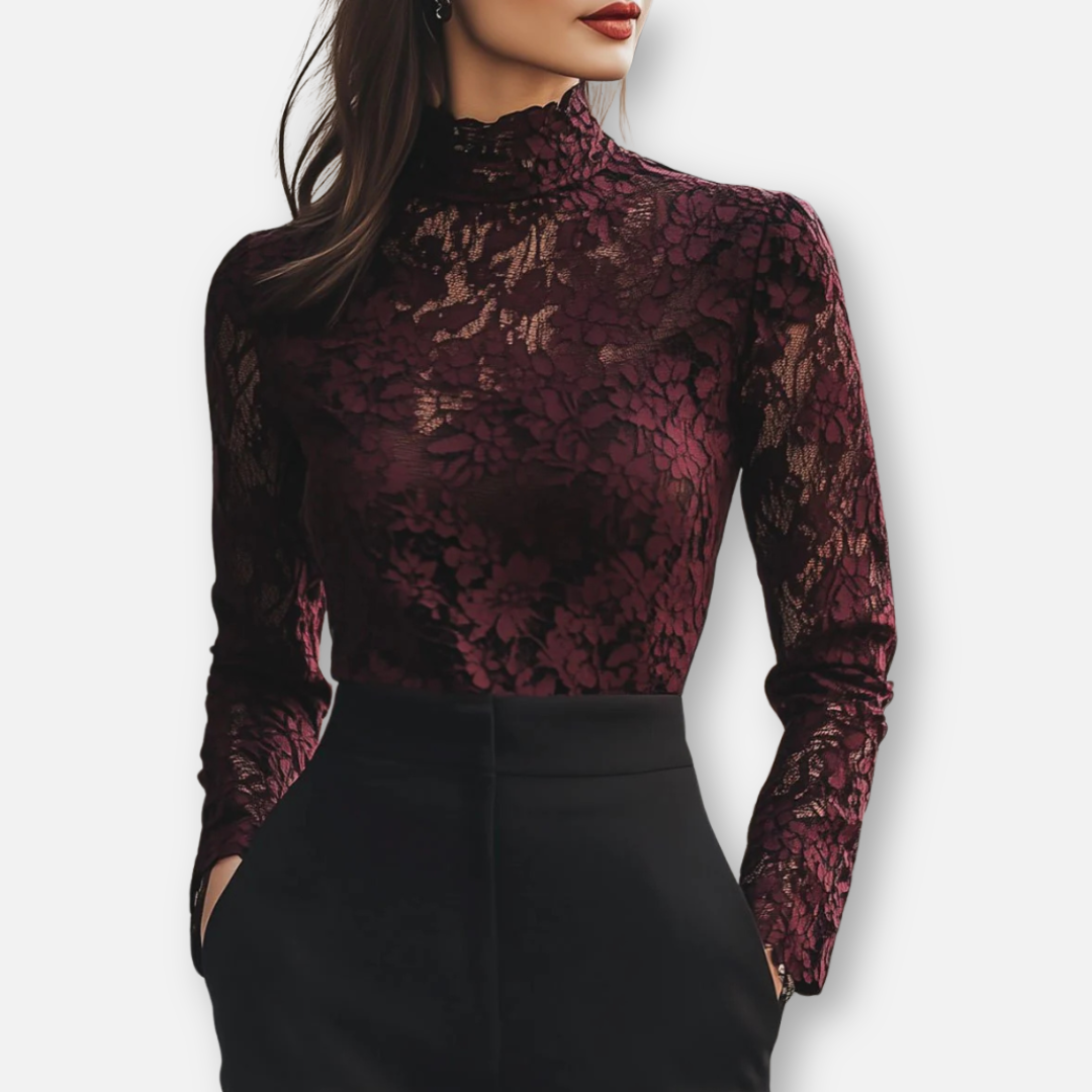 Mivora London | Women’s High-Neck Floral Lace Blouse – Elegant Fit