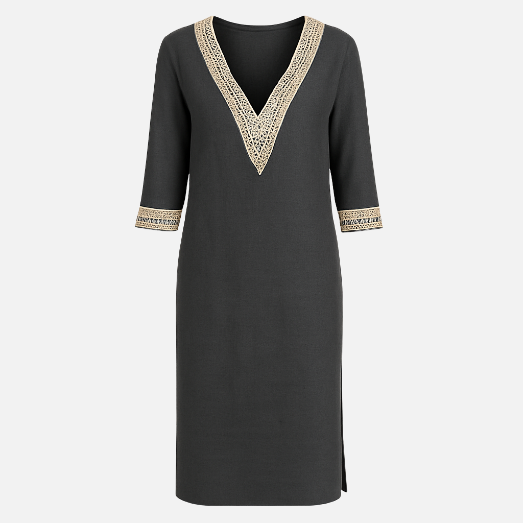 Mivora London | Women’s Casual V‑Neck Lace‑Trim Relaxed‑Fit Midi Dress With 3/4 Sleeves