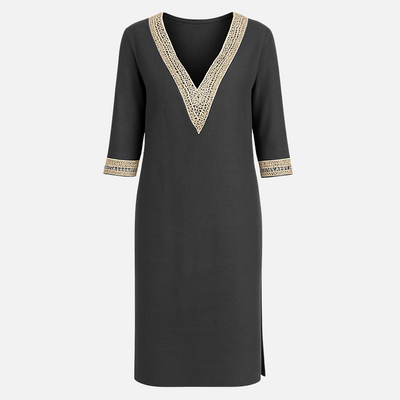 Mivora London | Women’s Casual V‑Neck Lace‑Trim Relaxed‑Fit Midi Dress With 3/4 Sleeves