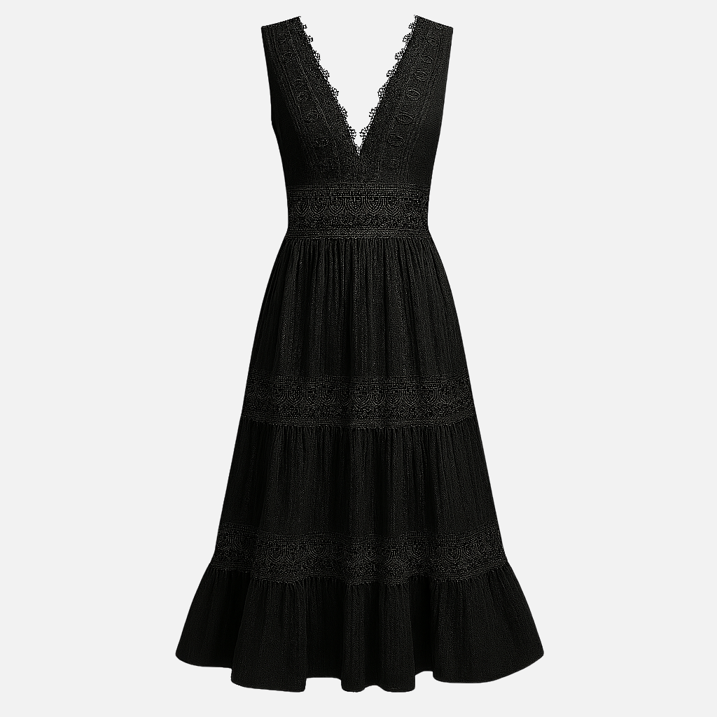 Mivora London | Women's Elegant Handcrafted Lace V-Neck Midi Dress