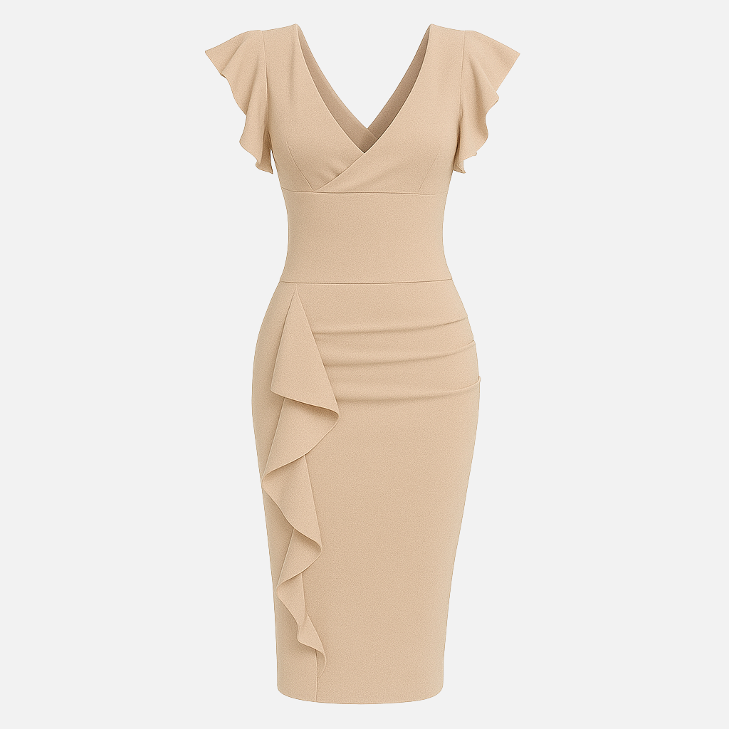 Mivora London | Women’s Elegant Bodycon Midi Dress With Ruffle Sleeves