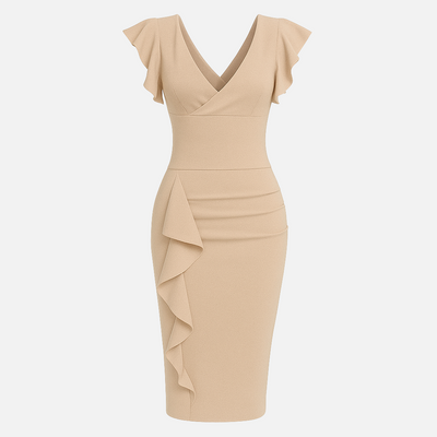 Mivora London | Women’s Elegant Bodycon Midi Dress With Ruffle Sleeves