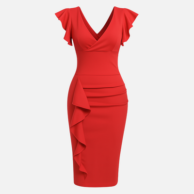 Mivora London | Women’s Elegant Bodycon Midi Dress With Ruffle Sleeves