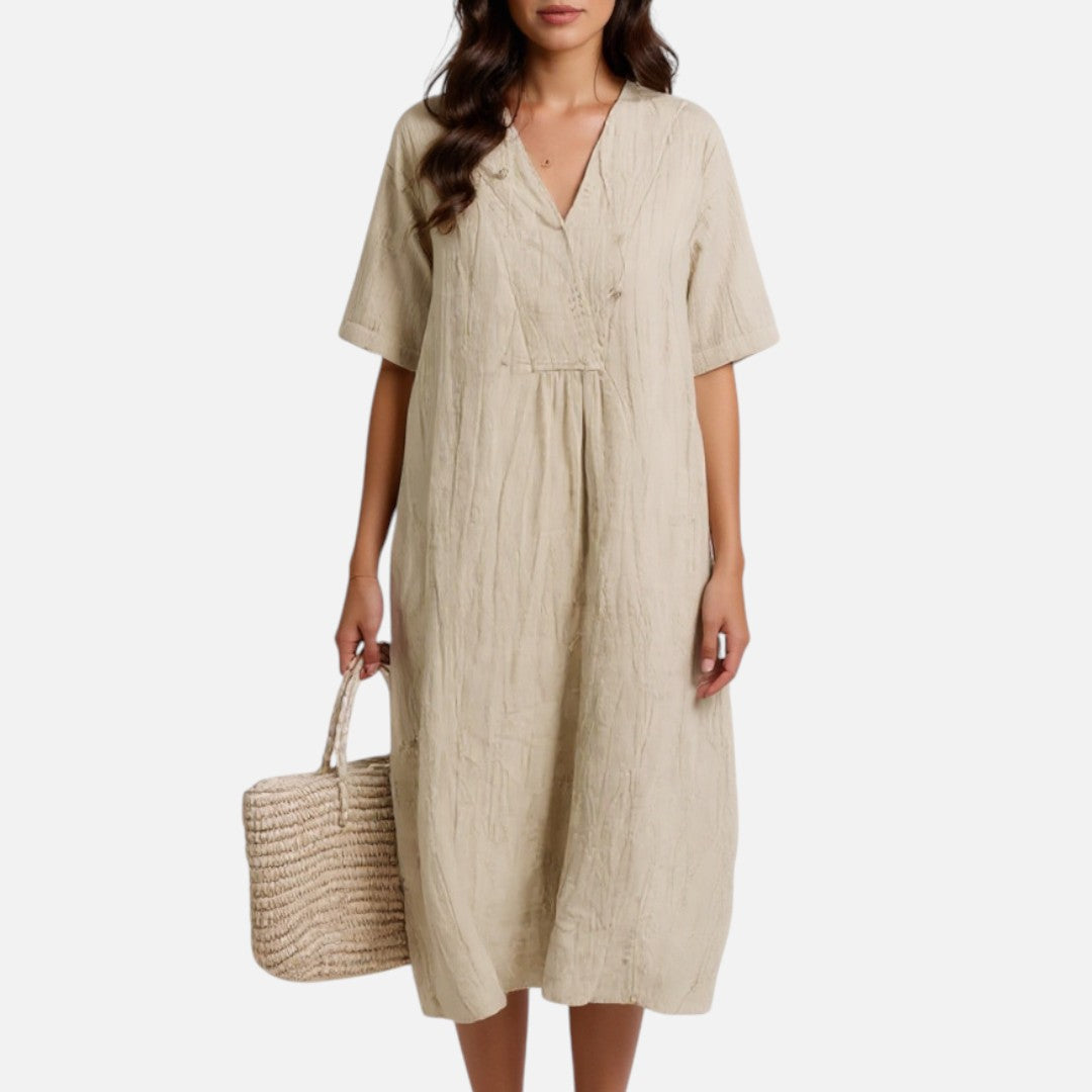 Mivora London | V-Neck Short Sleeve Summer Dress With Flowing A-Line Fit
