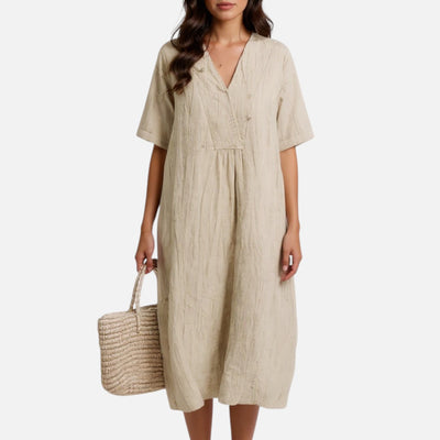 Mivora London | V-Neck Short Sleeve Summer Dress With Flowing A-Line Fit