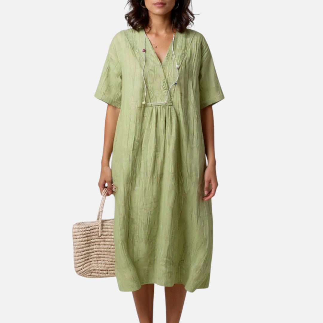 Mivora London | V-Neck Short Sleeve Summer Dress With Flowing A-Line Fit