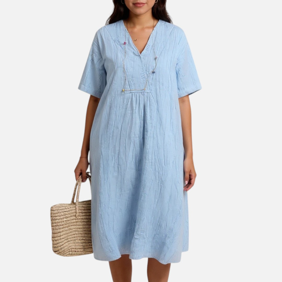 Mivora London | V-Neck Short Sleeve Summer Dress With Flowing A-Line Fit