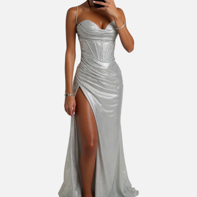 Mivora London | Corset-Style Maxi Dress With Thigh-High Slit