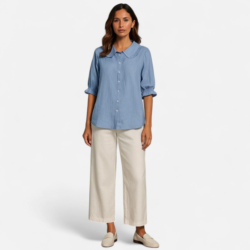 Mivora London | Women’s Loose Fit Blouse With Peter Pan Ruffle Collar