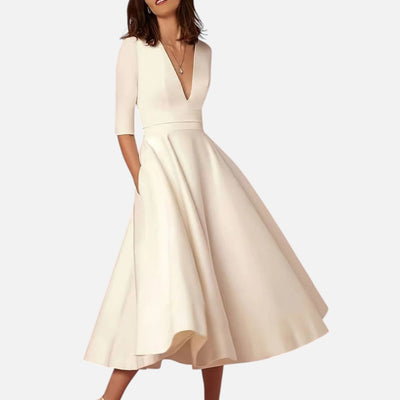 Mivora London | Women's Elegant V-Neck Midi Dress With Flowing Silhouette
