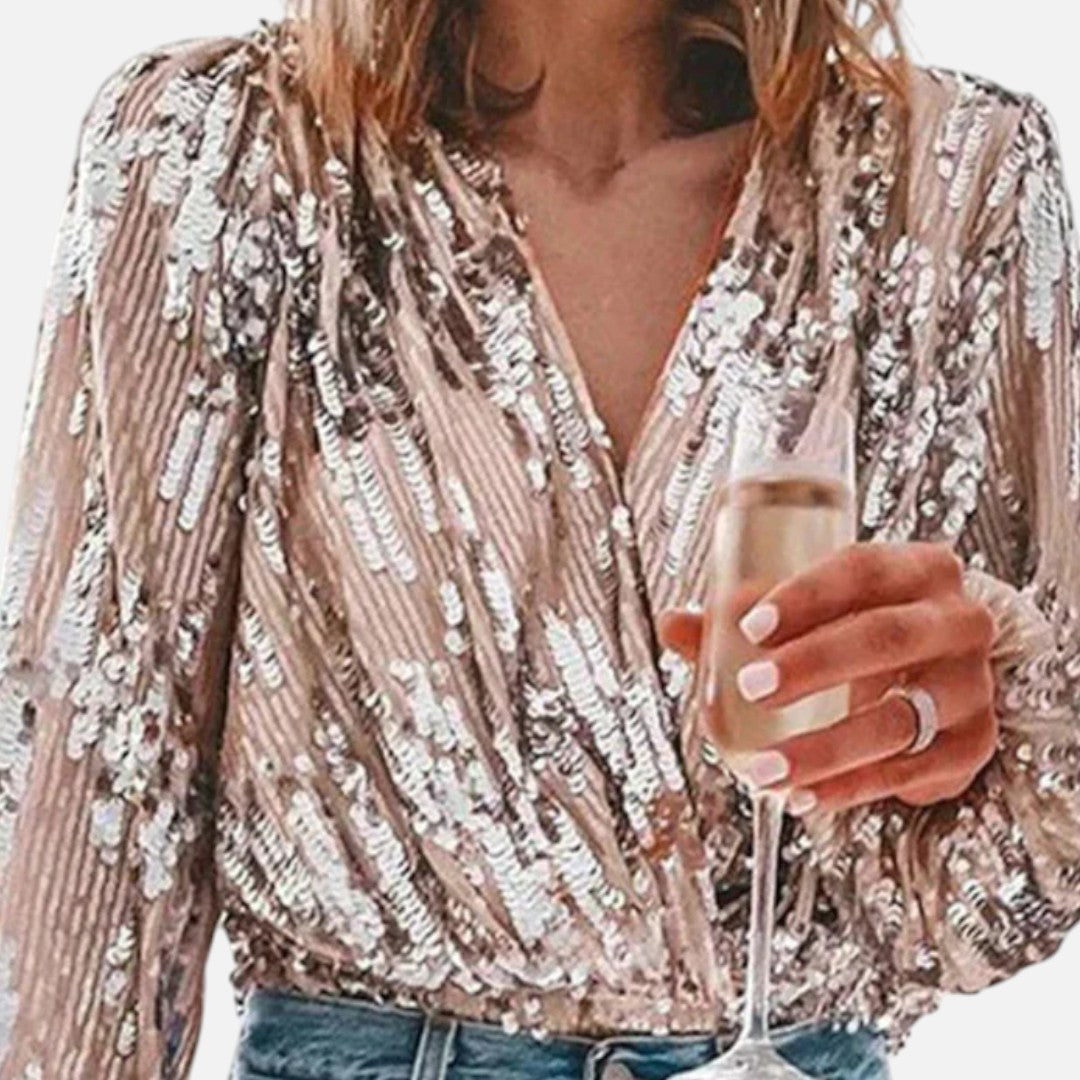 Mivora London | Women’s Slim Fit Sequin Wrap Blouse for Evening & Party
