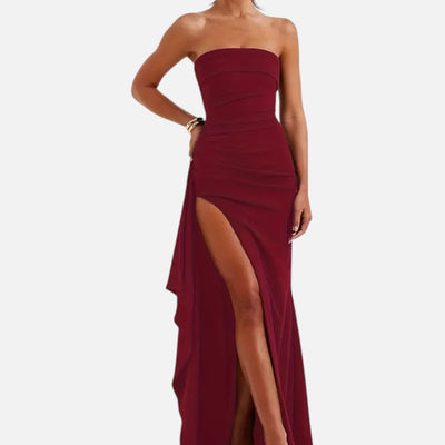 Mivora London | Elegant Strapless Maxi Dress With High Slit
