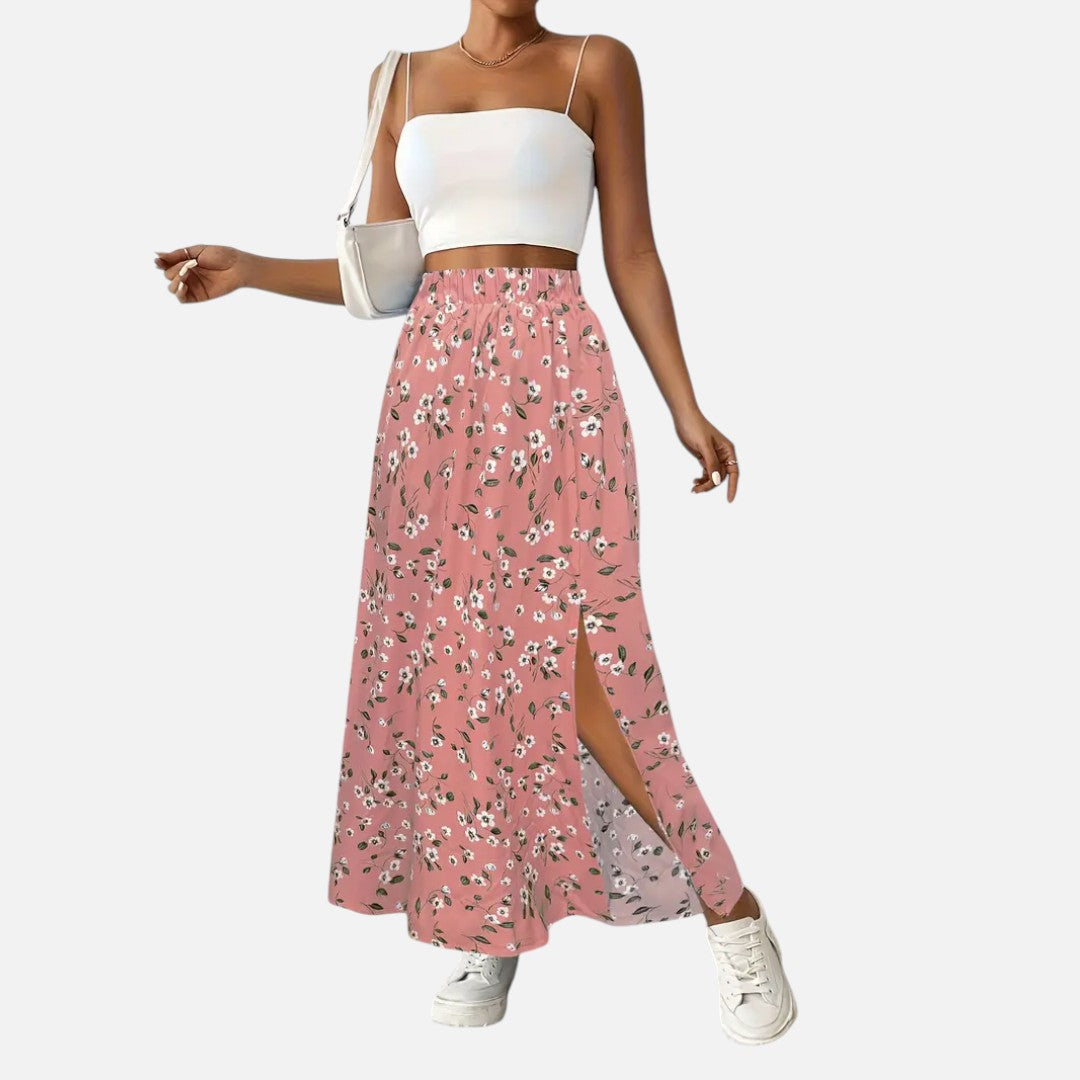 Mivora London | Women’s Floral High-Waist Skirt with Elegant Split Hem